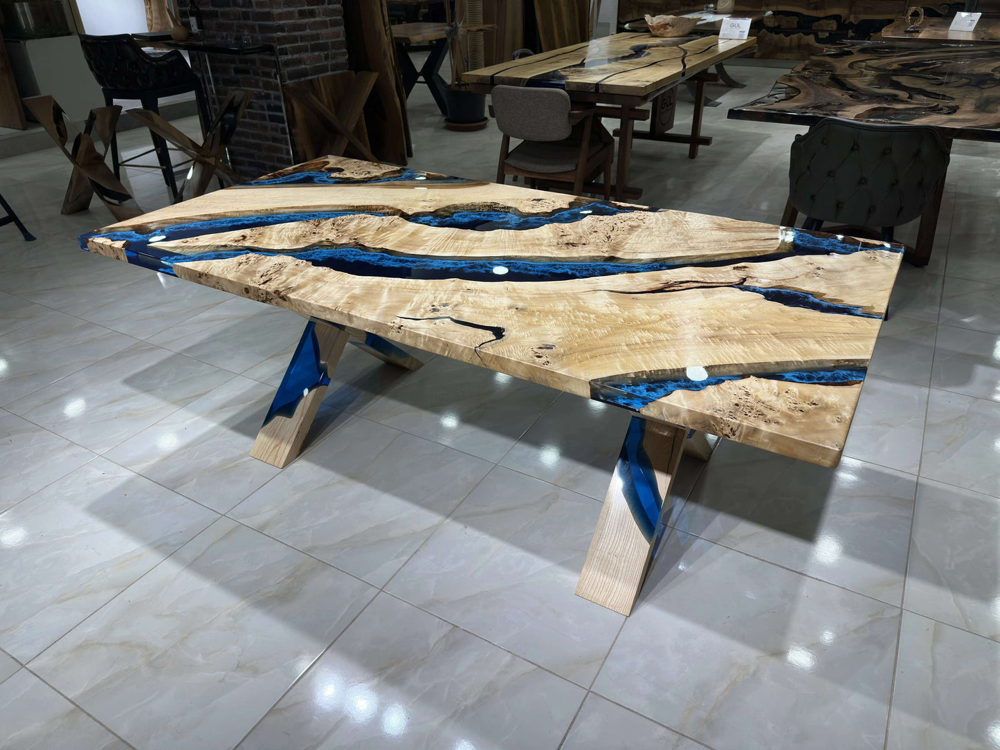 Anatolian Poplar Wood Blue Epoxy Dining Table