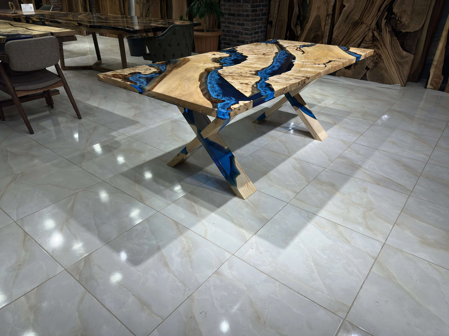 Anatolian Poplar Wood Blue Epoxy Dining Table