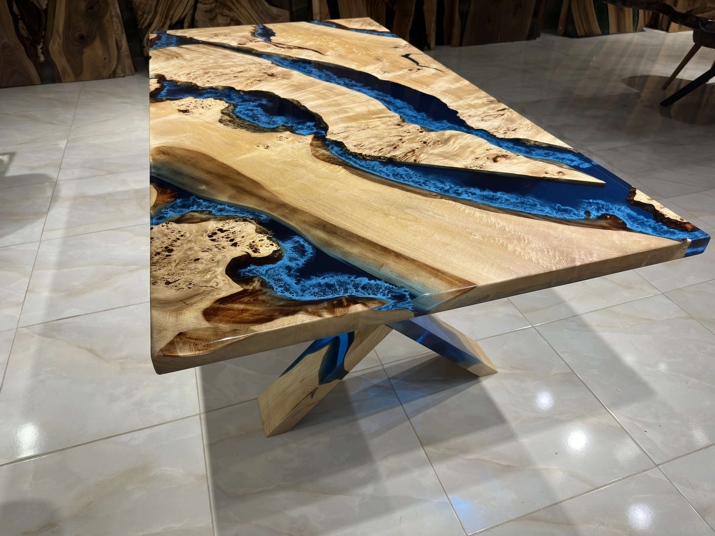 Anatolian Poplar Wood Blue Epoxy Dining Table