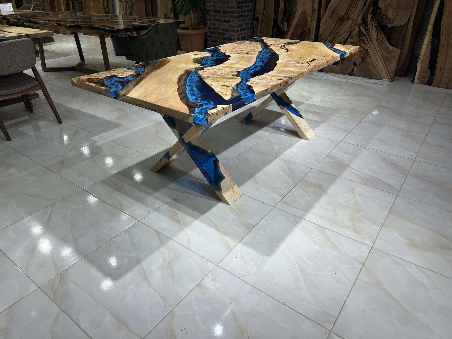 Anatolian Poplar Wood Blue Epoxy Dining Table