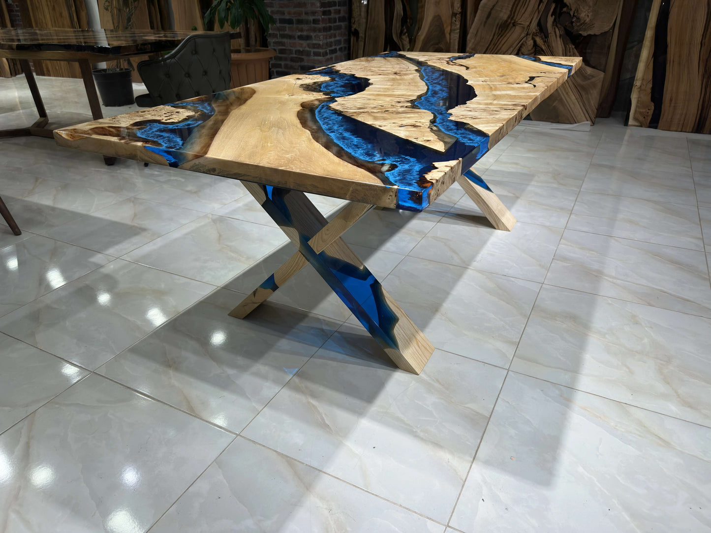 Anatolian Poplar Wood Blue Epoxy Dining Table