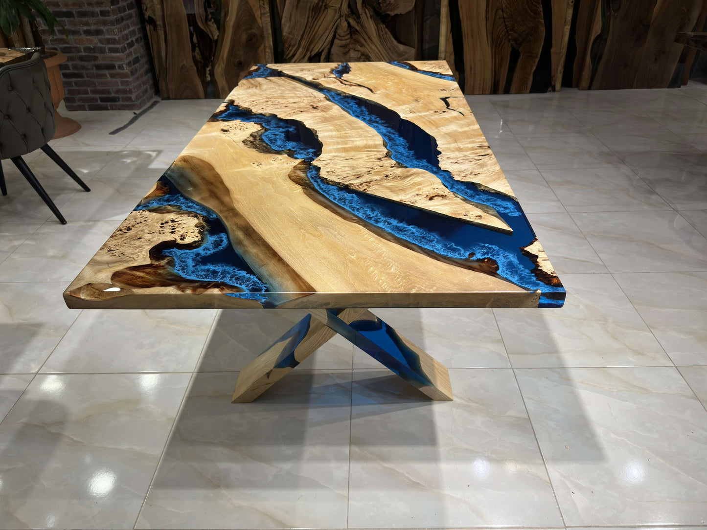 Anatolian Poplar Wood Blue Epoxy Dining Table