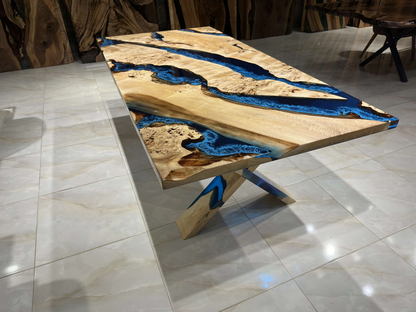 Anatolian Poplar Wood Blue Epoxy Dining Table