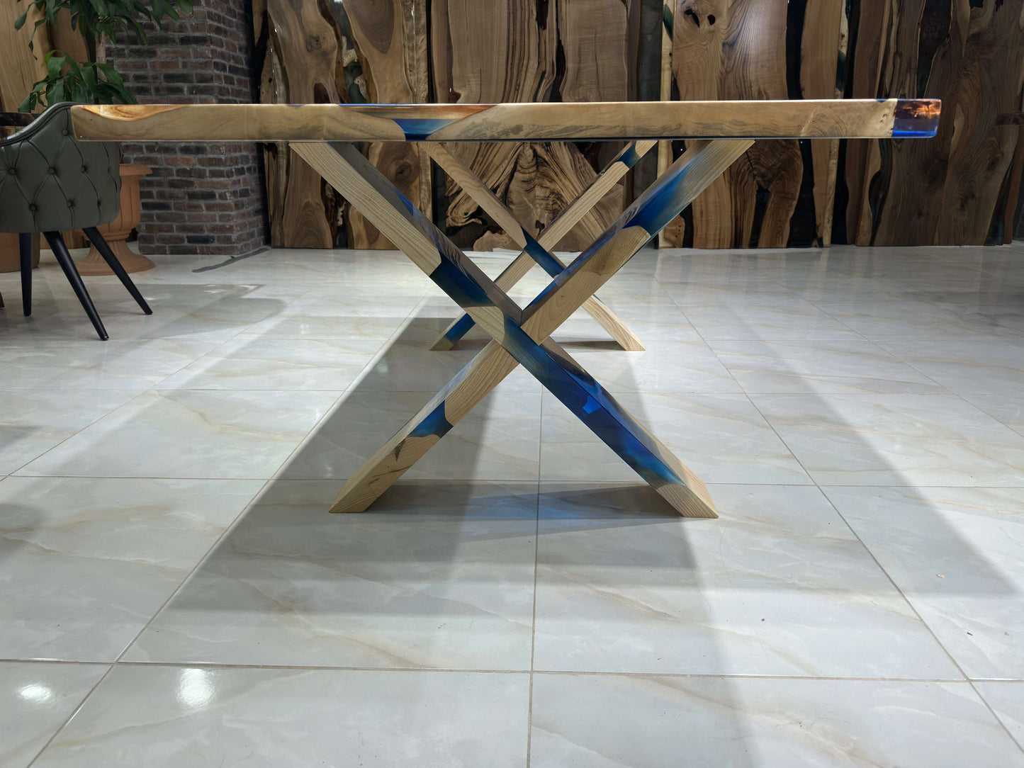 Anatolian Poplar Wood Blue Epoxy Dining Table