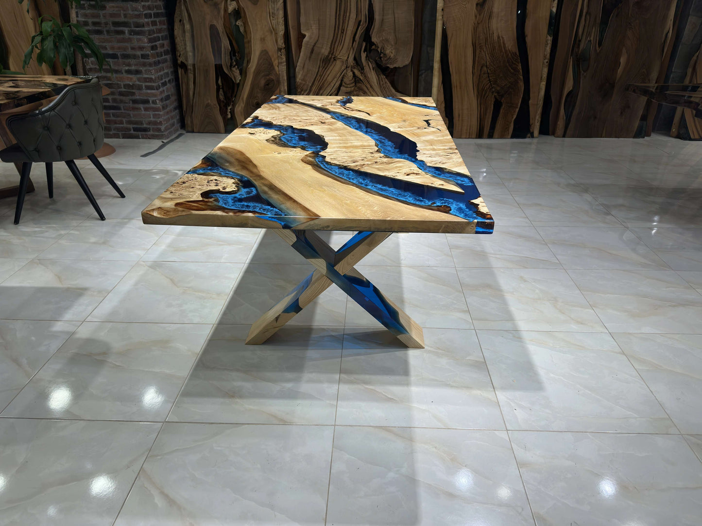 Anatolian Poplar Wood Blue Epoxy Dining Table